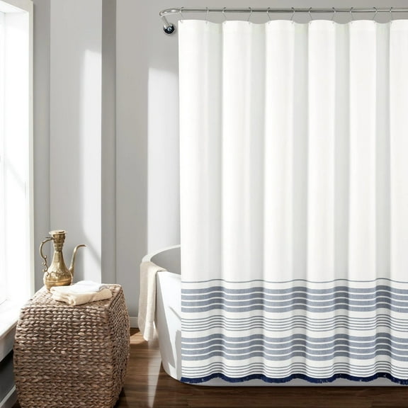 Lush Decor 100% Cotton Nantucket Yarn Dyed Cotton Tassel Fringe Shower Curtain White/Navy Single 72x72