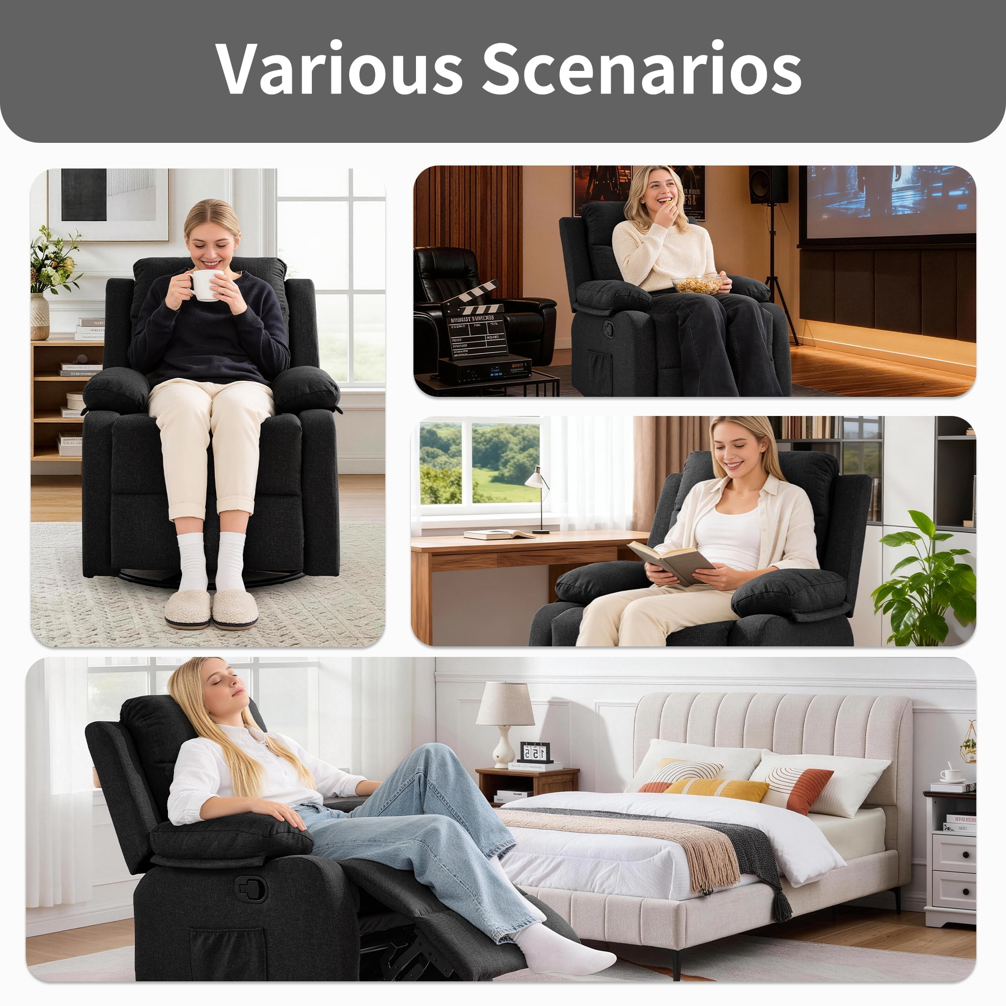 GEEYOO Manual Swivel Rocker Recliner Chair with Side Pockets,Small Recliner Chair for Small Spaces,Upholstered Linen Fabric Glider Nursery Chair for Living Room,Black