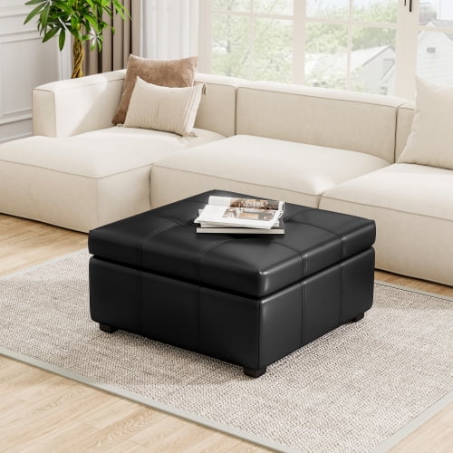 34.25 Inch Large Square Ottoman Coffee Table with Storage, Upholstered PU Leather, Multipurpose Footrest Storage Ottoman for Living Room, Tufted Faux Leather Cocktail Ottoman Bench,Black