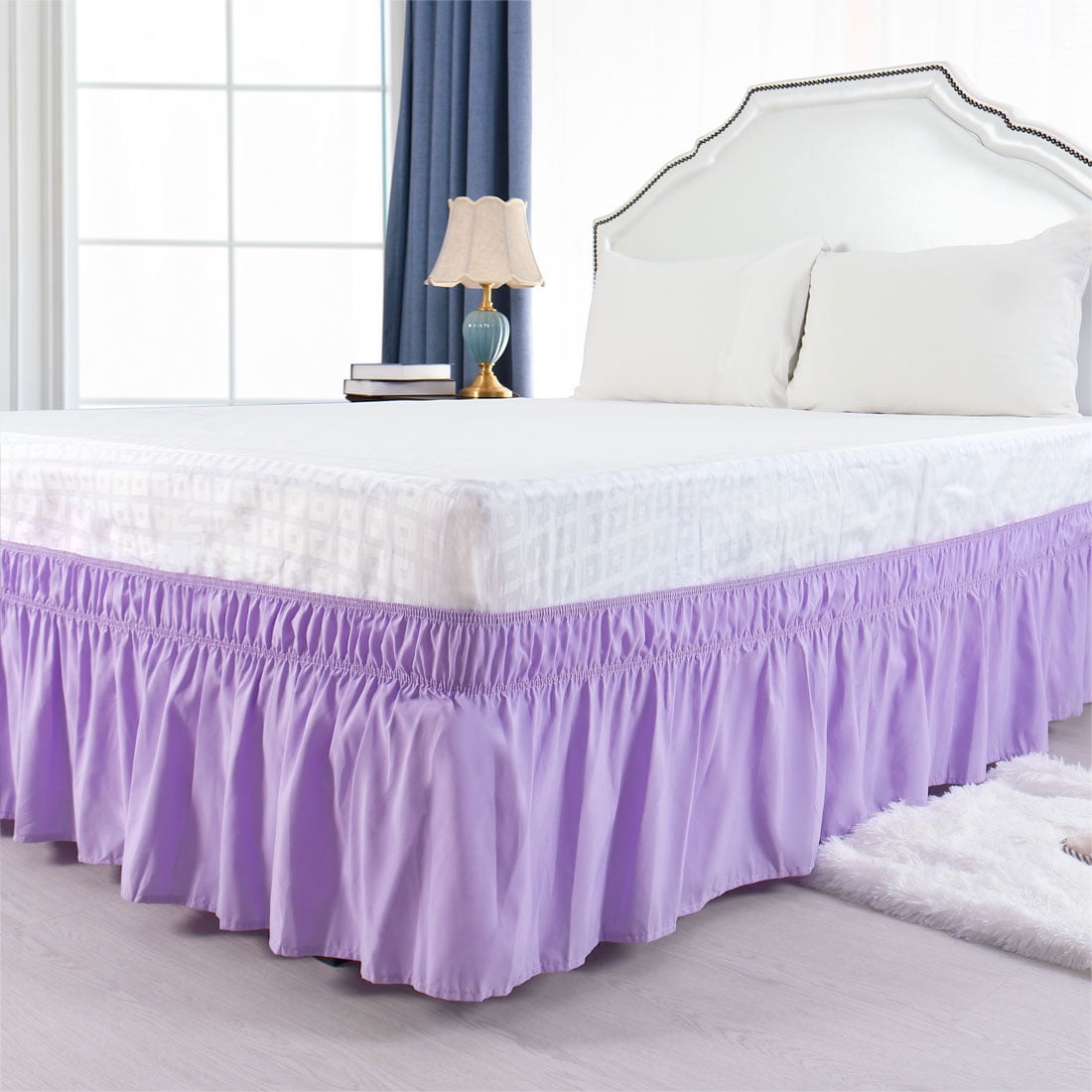 Unique Bargains Polyester Elastic Dust Ruffled Bed Skirt with 15" Drop Twin Light Purple