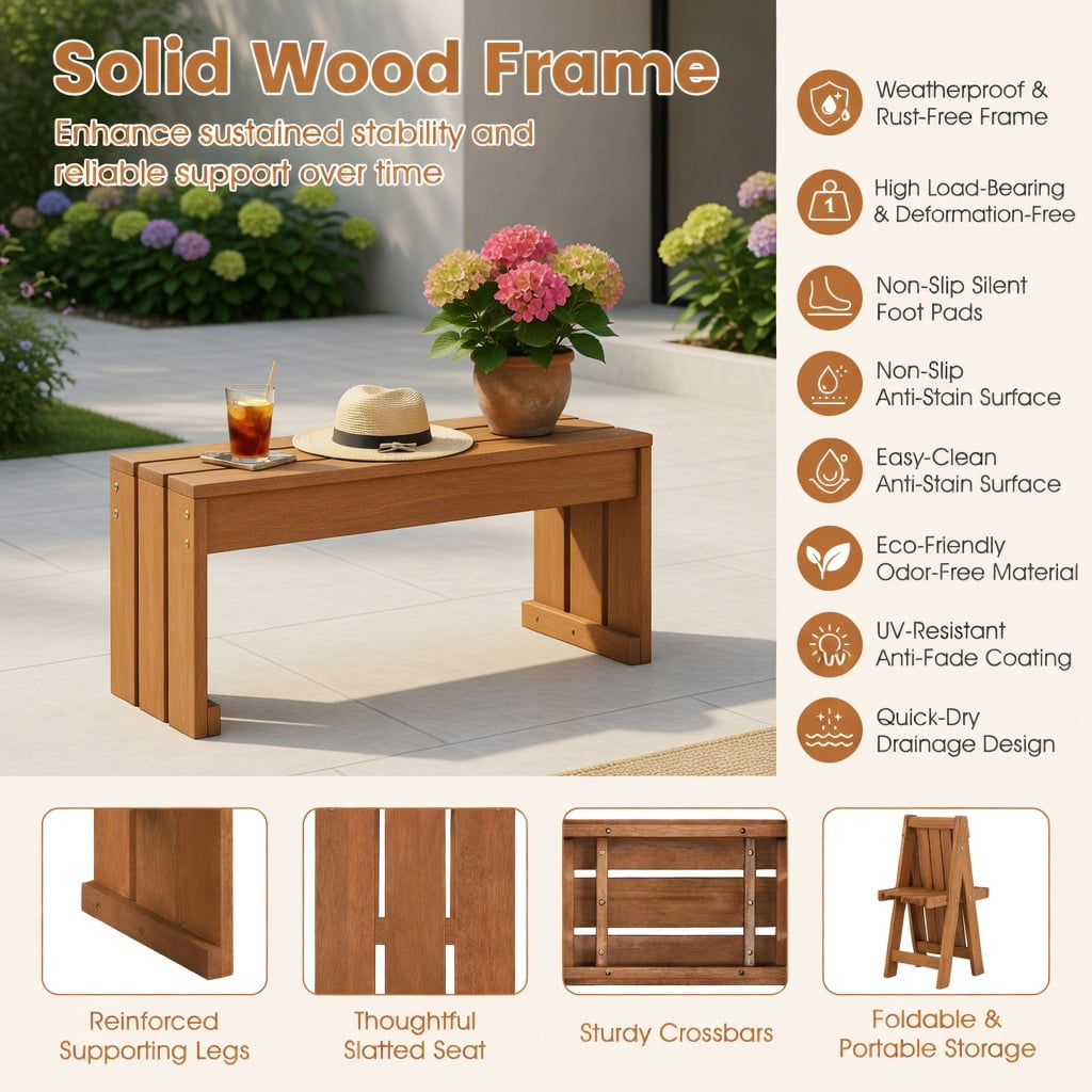 Hommoo Wood Backless Garden Bench for Patio, Balcony & Indoor Use, Compact Single-Seat Outdoor Bench, Easy Assembly, Natural