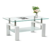 Smile Back Glass Coffee Table Coffee Tables for Living Room White Coffee Table Center Tables for Living Room Frosted Glass & Strength Smooth Glass Side Coffee Table with Shelf Wood Legs, White