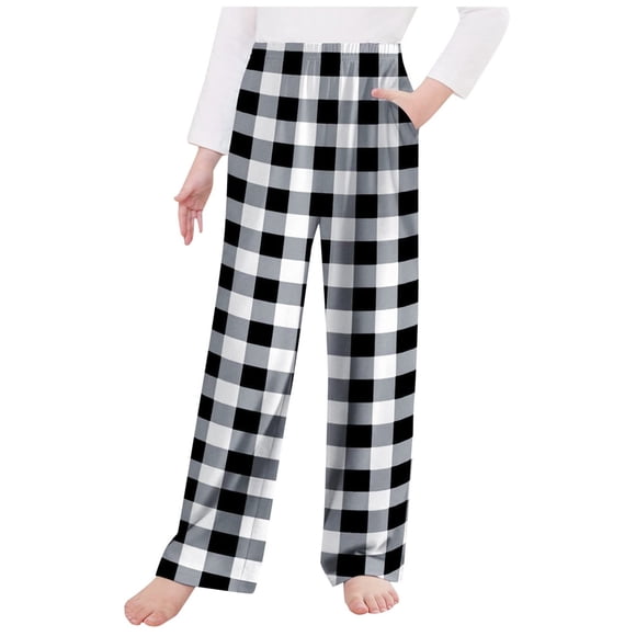Wxirdiow Toddler Pants Girls Gingham Pants Kids Casual Elastic High Waist Plaid Trousers with Pockets Black Size,12-13 Years