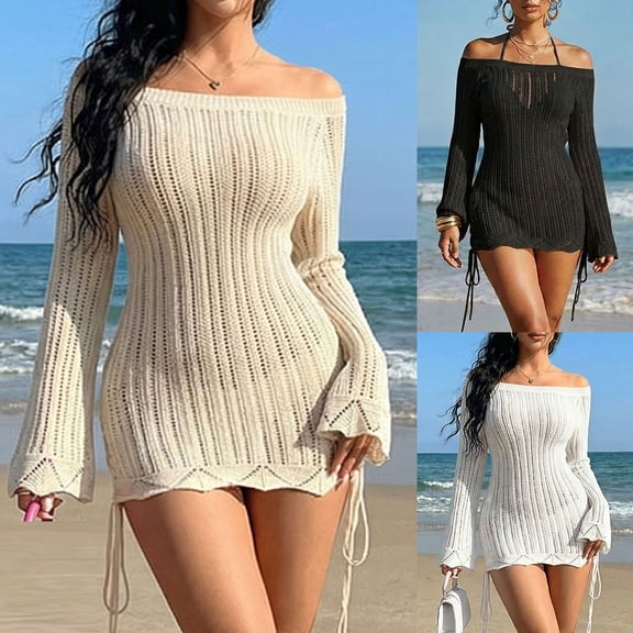 Qzwdhjm Women's Crochet Swimsuit Cover Up One Shoulder Hollow Out Mini Dress Beach Coverup Long Sleeve Bathing Suits Coverups with Pocket