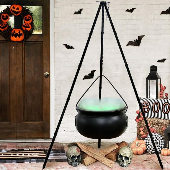Uxgjfwu Witch Cauldron Set with Stand Chains and Light 31" Height 8" Diameter for Halloween Party Decoration Black Plastic Candy Bucket P Cotton