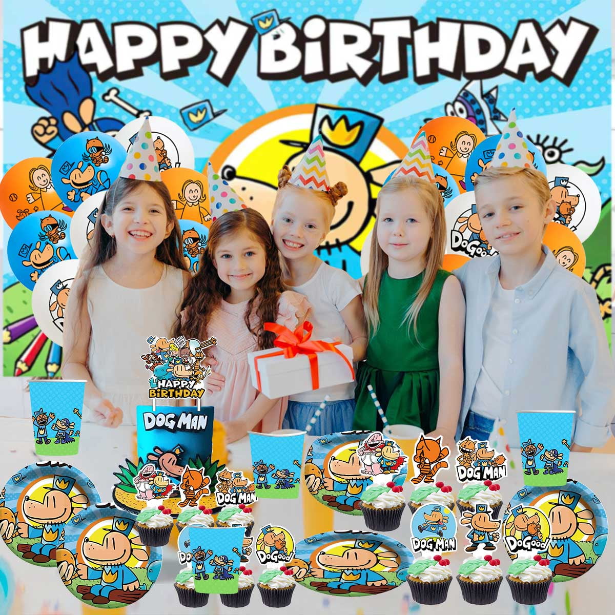 Dog Man Birthday Party Supplies for Boy Latex Balloons Kit Decorations Set Decor Banner Backdrop