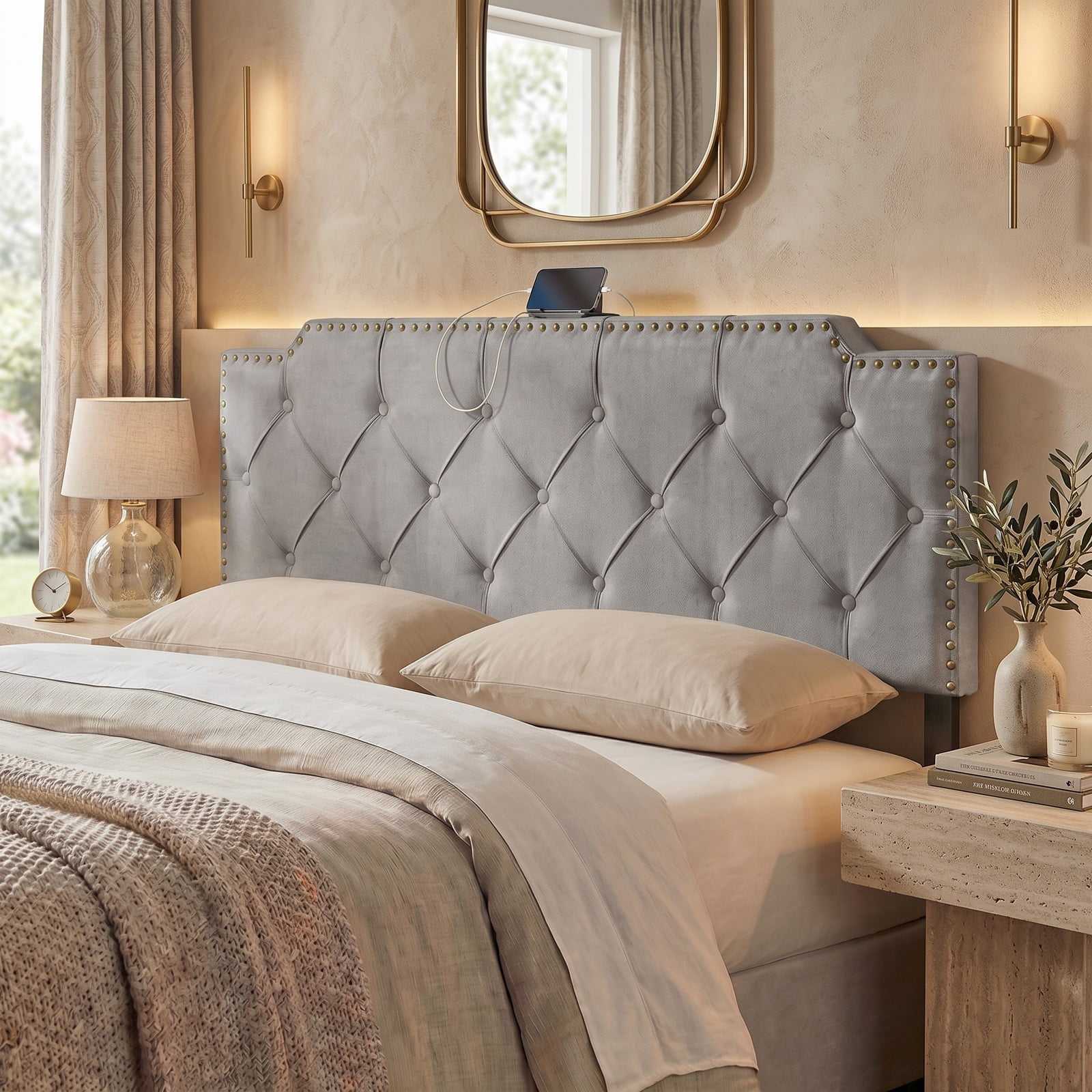 Furnibear Nailhead Trim Tufted Upholstered Headboard with 2 AC Outlets and USB and Type-C Ports for Full and Queen Beds, Gray
