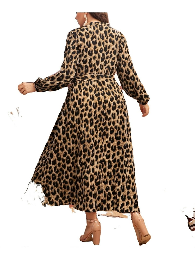 Casual Leopard Print Stand Collar A Line Dress Long Brown Plus Size Dresses (Women's) - Walmart.com