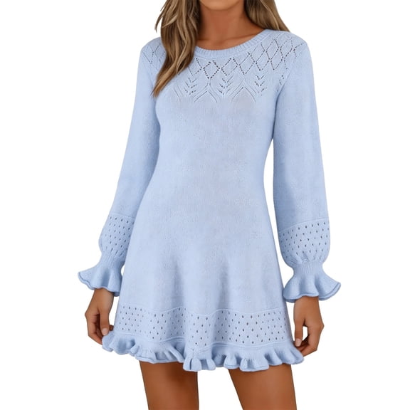 ZHOGXU Fashion Womens Bodycon Mini Dresses Solid Color O Neck Long Ruffled Sleeve Fitted Lace Cutout Detail Weekend Outdoor Wear