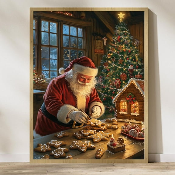 PosterArt Gingerbread House and Santa Poster, Cozy Kitchen Holiday Wall Art, Vintage Festive, 8x12 UNFRAMED