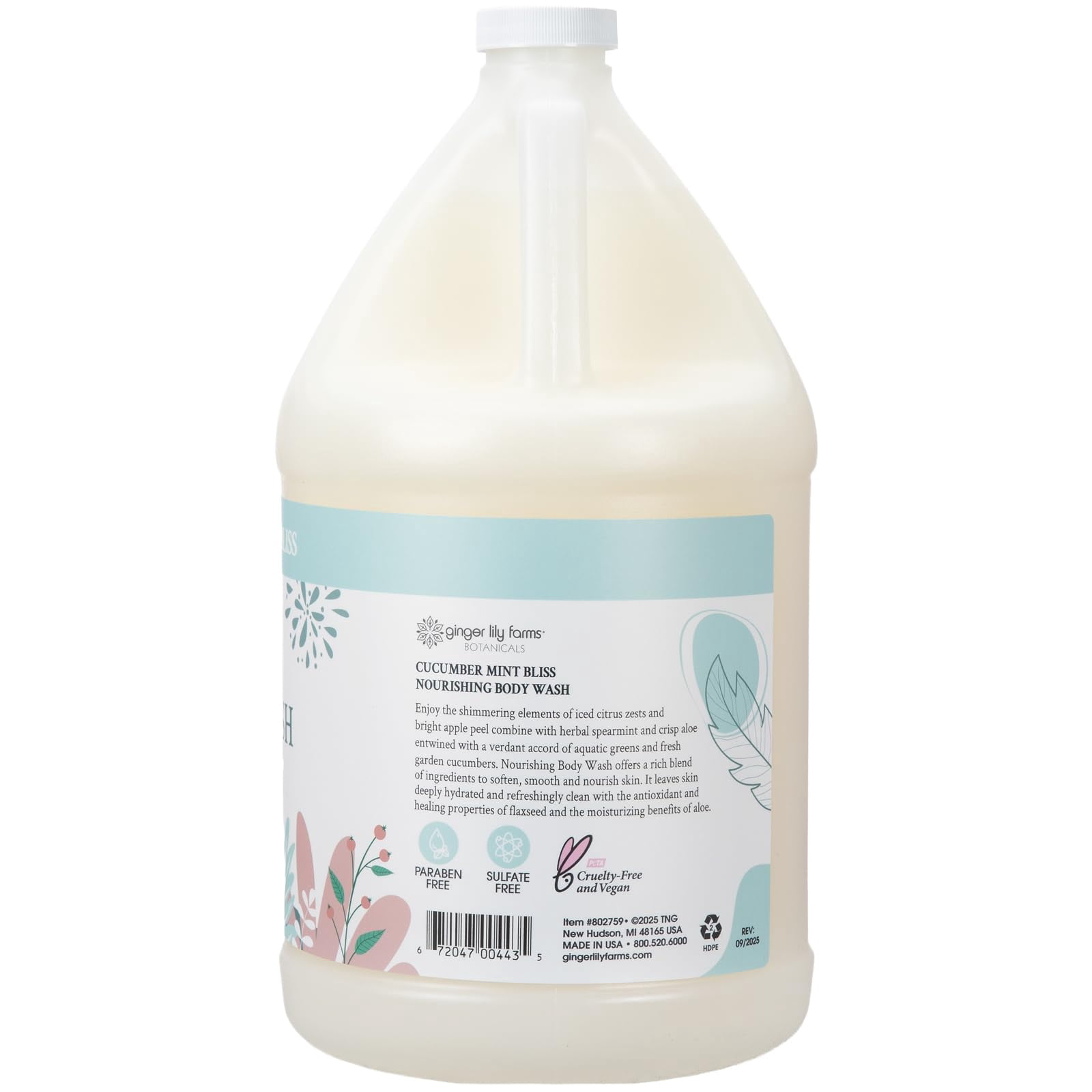Ginger Lily Farms Botanicals Nourishing Body Wash, 100% Vegan & Cruelty-Free, Cucumber Mint Bliss Scent, 1 Gallon (128 fl oz) Refill