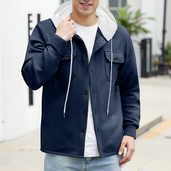 Royisotas Mens Jackets Button Outwear Hooded Big and Tall Winter Solid Color Casual Coats for Men Long Sleeve