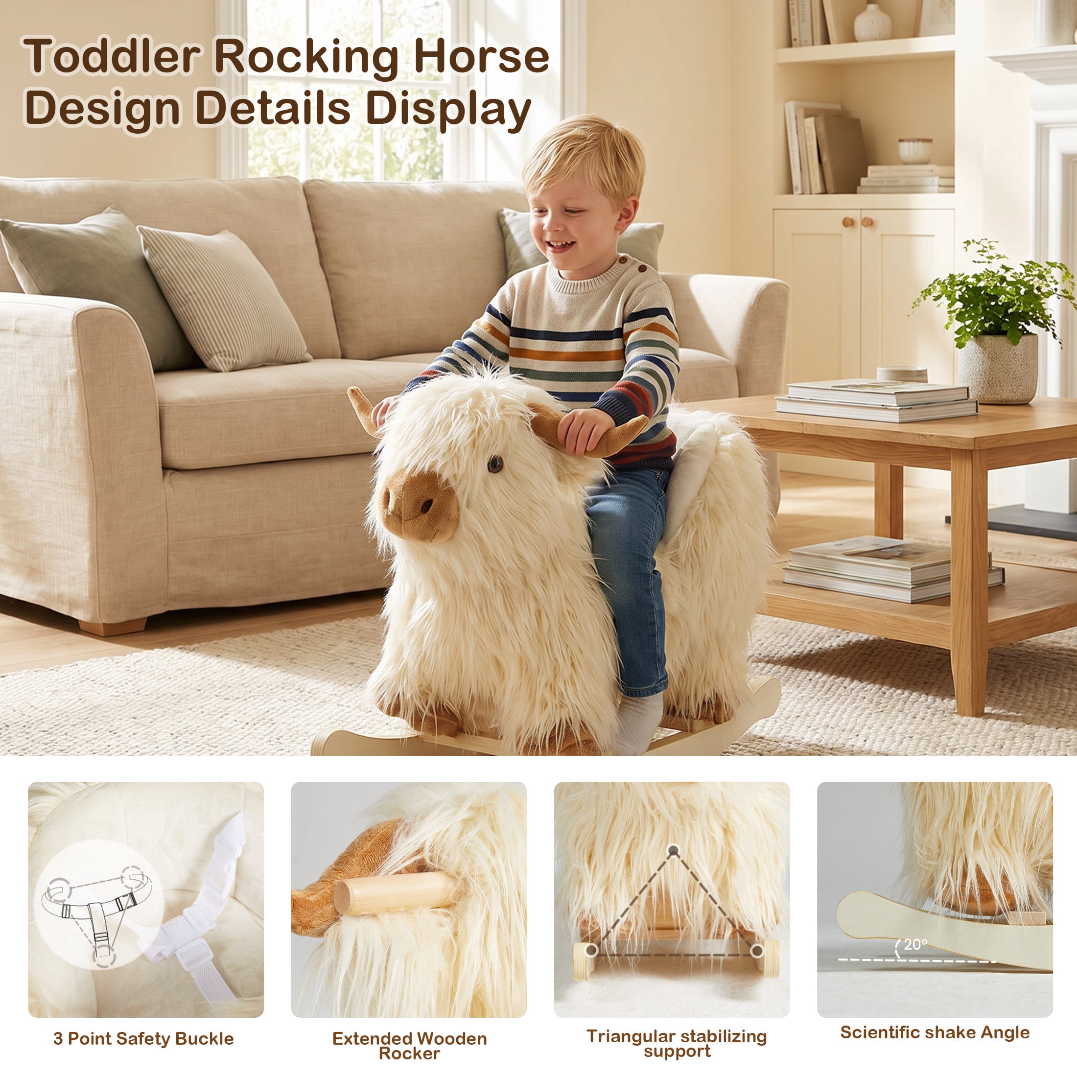 Jolie Vallee Baby Rocking Horse Kids Ride on Horse Highlander Cattle Rocker for Toddlers 1 Year Old Cute Dog Stuffed Plush Ride-on Toy for Child Christmas or Birthday Gift White
