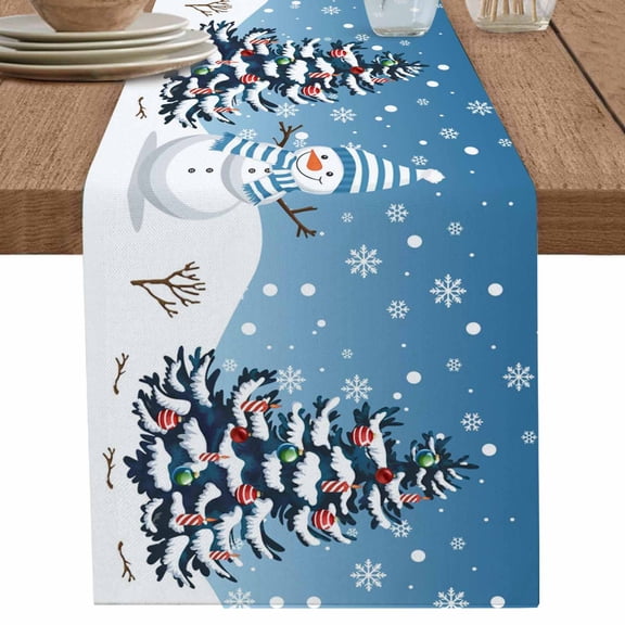 nqOlkjepod Sky Blue Christmas Table Runner 48 Inches Long Farmhouse Dress Scarves, Winter Snowman Pine Tree Snowflakes Dining Tablerunner for Coffee Table/Kitchen Island/Party Décor, 13" x 48"
