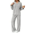 thumbnail image 4 of felwors Women 2 Piece Pajamas Sets Long Sleeve Casual Ribbed Lounge Set Fall Pj V Neck Loungewear Outfit Grey, XS, 4 of 8