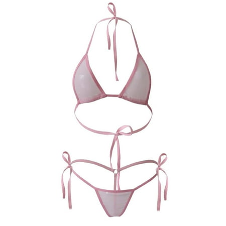 UTSJKR Sexy Bikini Underwear Women s Three-Point Swimsuit Suit Transparent Mini lace up Thong Sheer Mesh Halter Bikini Sets Pink Free Size