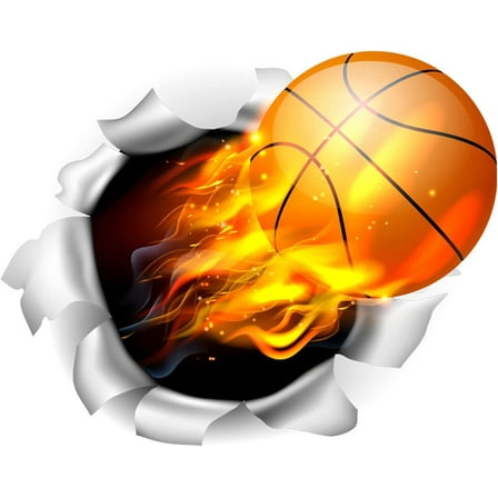 3D Basketball Wall Stickers, Flying Basketball Wall Art, Decal Removable Self-Adhesive Breakthrough Fireball Wall Decor  for Men Boys Kids Bedroom Room Playroom Mural