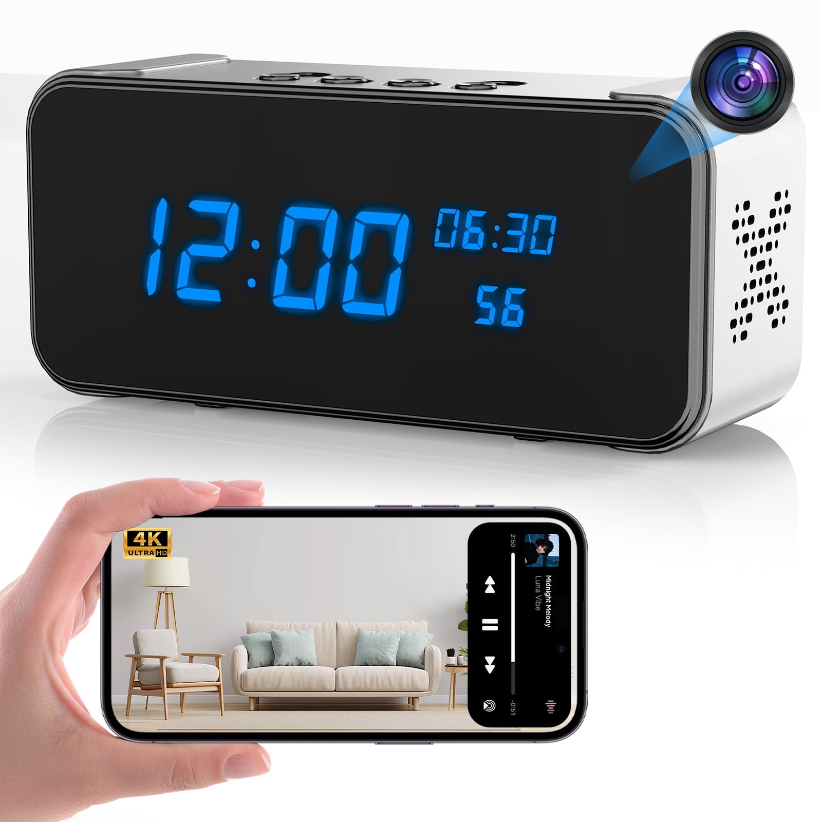 Hidden Camera Clock with Bluetooth Speaker 4K WiFi Indoor Camera for Home Security - Mini Nanny Cam with Night Vision, Motion Detection, Remote Live Stream