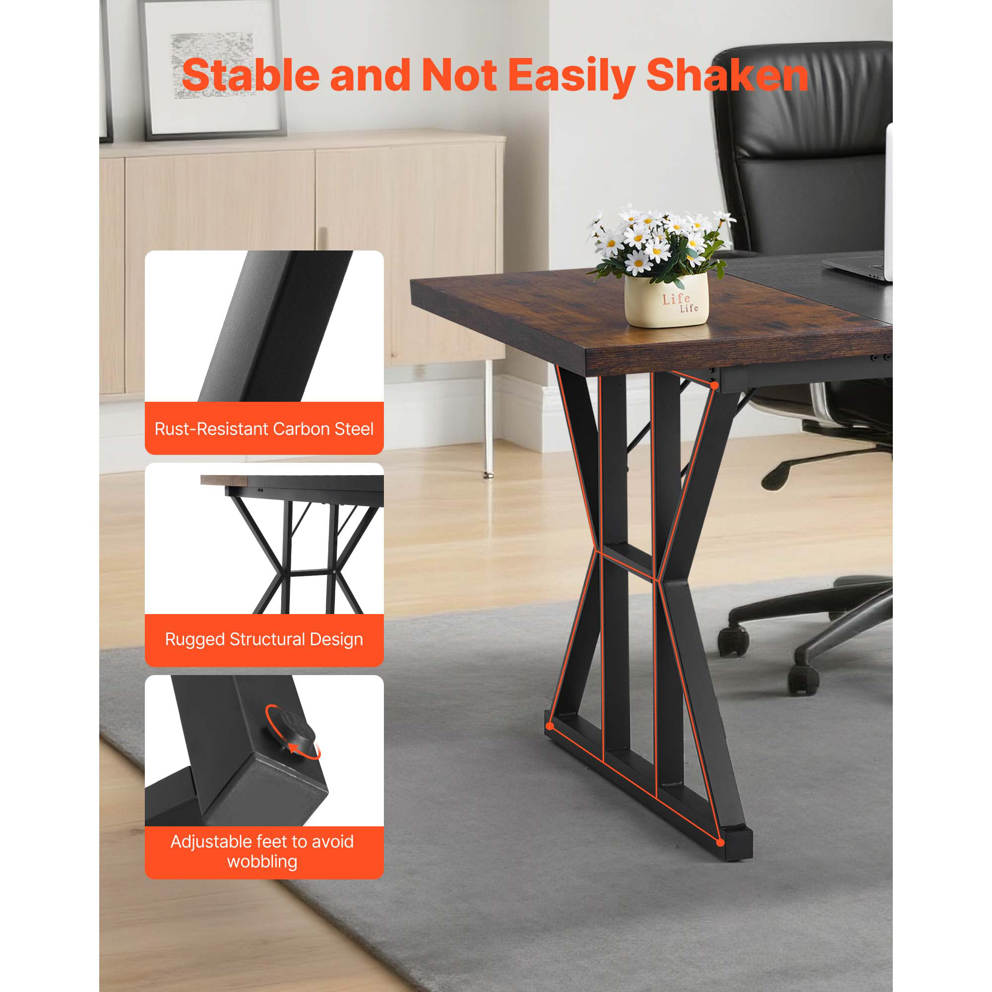 KFFKFF Executive Desk 70.9 x 31.5 inch, Spacious Computer Desk Workstation for Home Office, Modern Minimalist Wood Laptop Study Table with Metal Frame, Rustic Brown and Black Finish