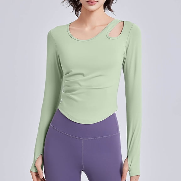 SwiftWear Women's Workout Top Long Sleeve Asymmetric Neck Yoga Shirt with Side Cutout, Breathable Fitness Tops & Activewear Green