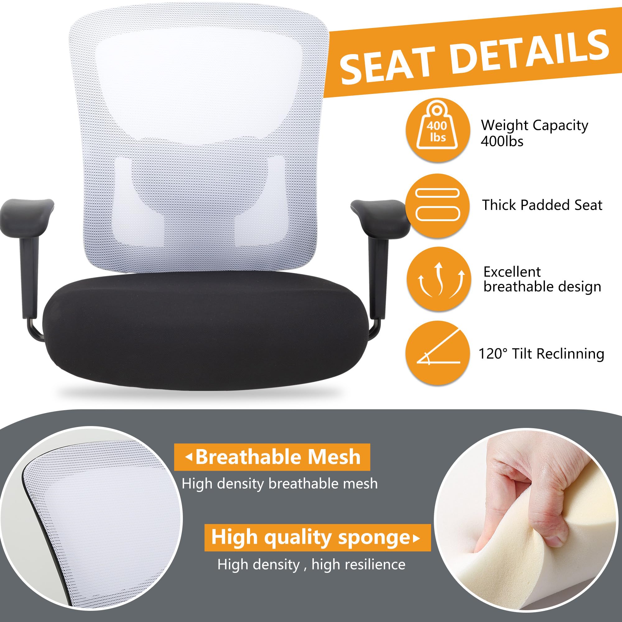 FDW 500lb Big & Tall Office Chair - Ergonomic w/Lumbar Support & Wide Seat for Home Office (White)