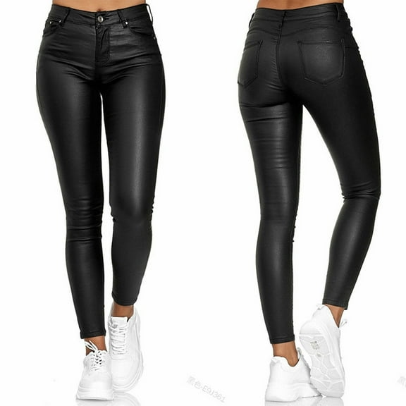 Womens Yoga Pants Solid Leather Slim High Waist Long Length Leggings Workout Women's Yoga Leggings Black L