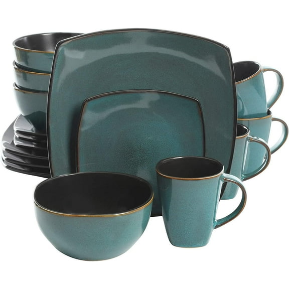 Gibson Elite Soho Lounge 16 Piece Square Stoneware Dinnerware Set, Teal Green & Black