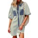 thumbnail image 2 of Camisas de Cuello en V de Manga Corta para Mujeres Vestido de Túnica de Rayas con Botón de Verano con Bolsillos, 95% Poliéster 5% Spandex para Diario Y Fiesta, 2 of 8