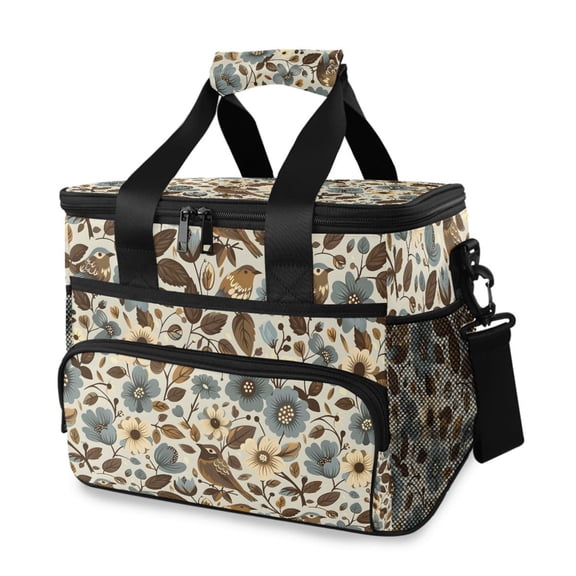FORMRS Insulated Cooler Bag 24 Cans Capacity Soft Leakproof Lunch Box with Side Pockets, Brown Bird Floral Pattern