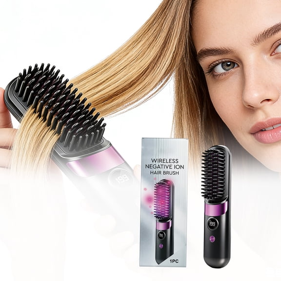 Cordless Hair Straightener Brush - Portable Rechargeable Ceramic Styling Brush with Adjustable Heat Modes & LED Display, Perfect for Travel & Everyday Use (Black)