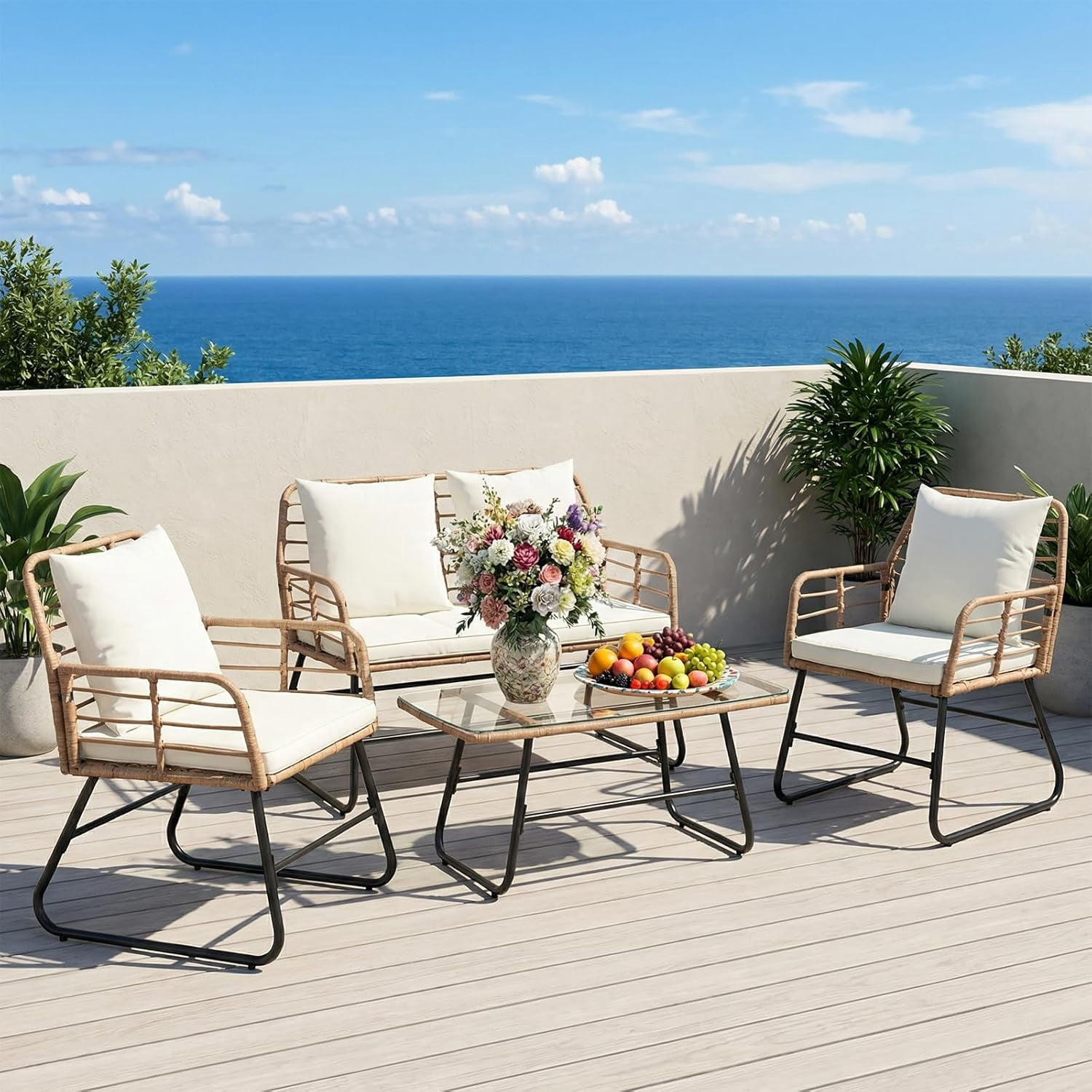 4 Pieces Outdoor Patio Furniture Set, Outdoor PE Wicker Patio Conversation Set with Cushion, Glass Table, Pillow, Beige