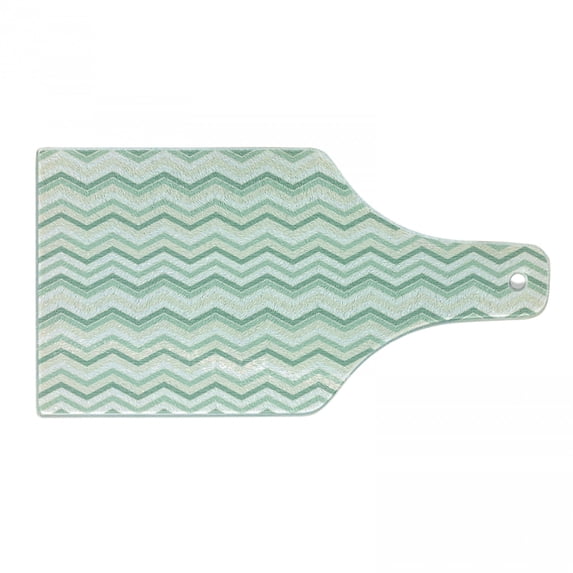 Aqua Cutting Board, Sketchy Blurry Abstract Zig Zag Chevron Shapes Retro Beige, Decorative Tempered Glass Cutting and Serving Board, Wine Bottle Shape, Petrol Blue Turquoise, by Ambesonne