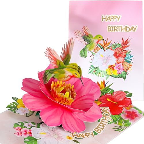Hummingbird Pop Up Birthday Cards for Women, Beautiful Hummingbird on Flowers, Elegant, Floral 3D Happy Birthday Greeting Cards,  Gift for Mom, Sister, Her, Grandma, Aunt, Daughter, Stepmother