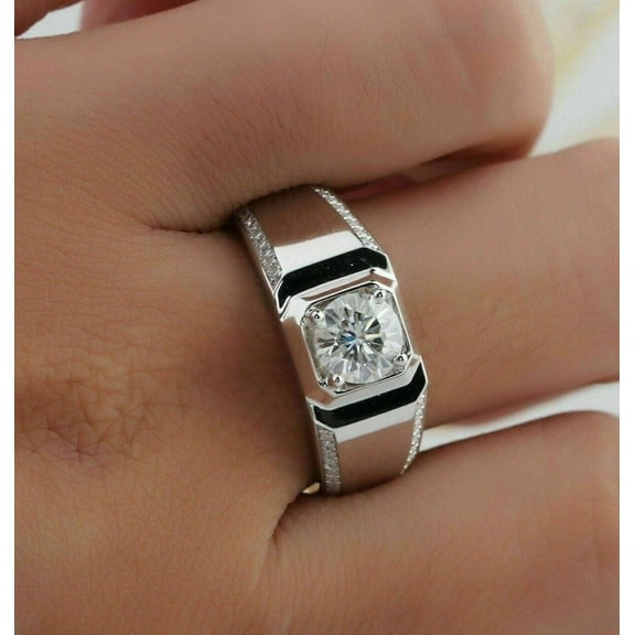 Forever Jewels 2.20 CT Round Moissanite Men Eternity Wedding Band Ring 14K White Gold Plated