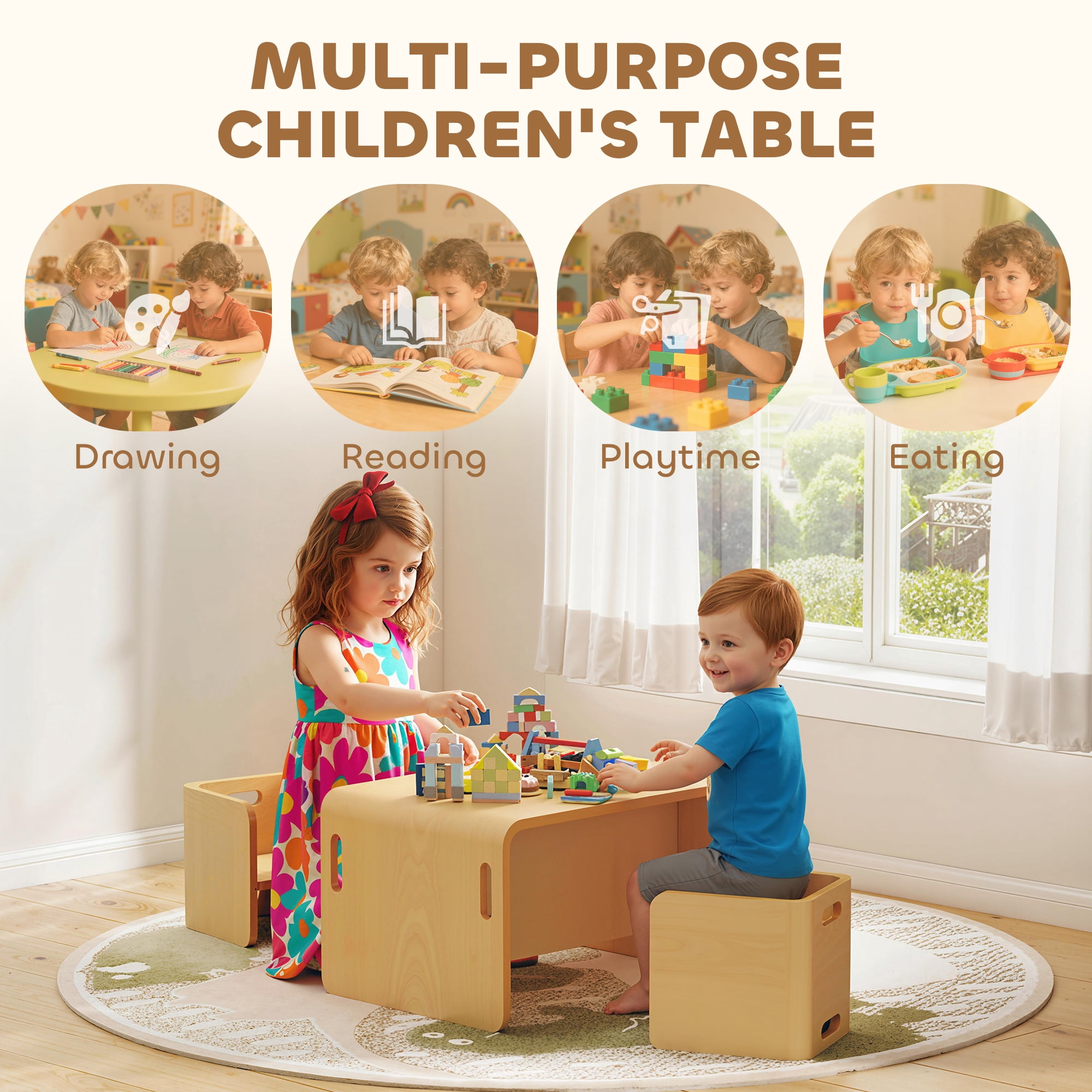 Qaba Toddler Table and Chair Set, Wooden Activity Table with Two Kids Montessori Chairs for Ages 3-8, Play, Eating and Learning, Natural Wood