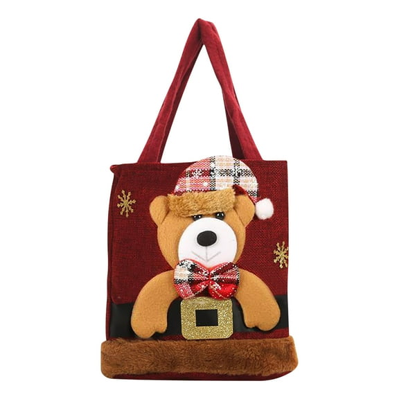 LSLJS Christmas Tote Bag, 7.9 inch Red Linen Christmas Handbag with 3D Cute Santa Snowman Deer Bear Plush Doll, Large Capacity Shopping Bag Christmas Decorations Christmas Gift Bag for Party