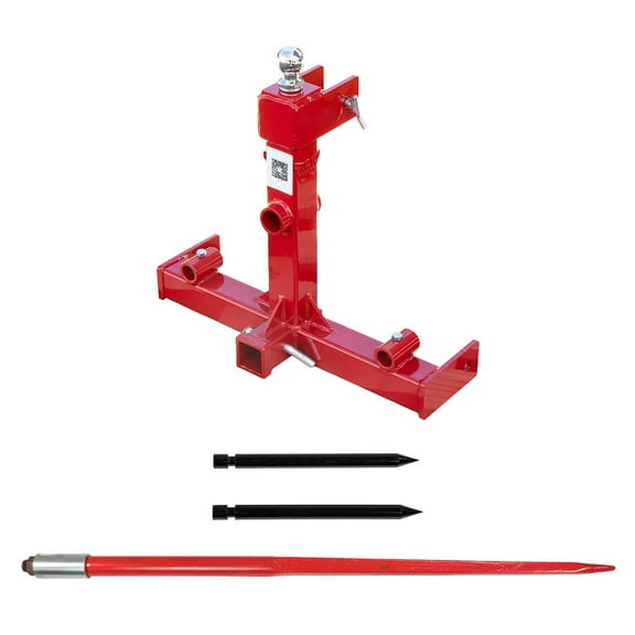 49” 3 Point Bale Spear for Category 1 Tractor 3000lbs WLL w/ 1Pc Red Hay Spear and 2Pcs Stabilizers Spear with 2" Receiver with Trailer Ball Hitch Gooseneck Drawbar