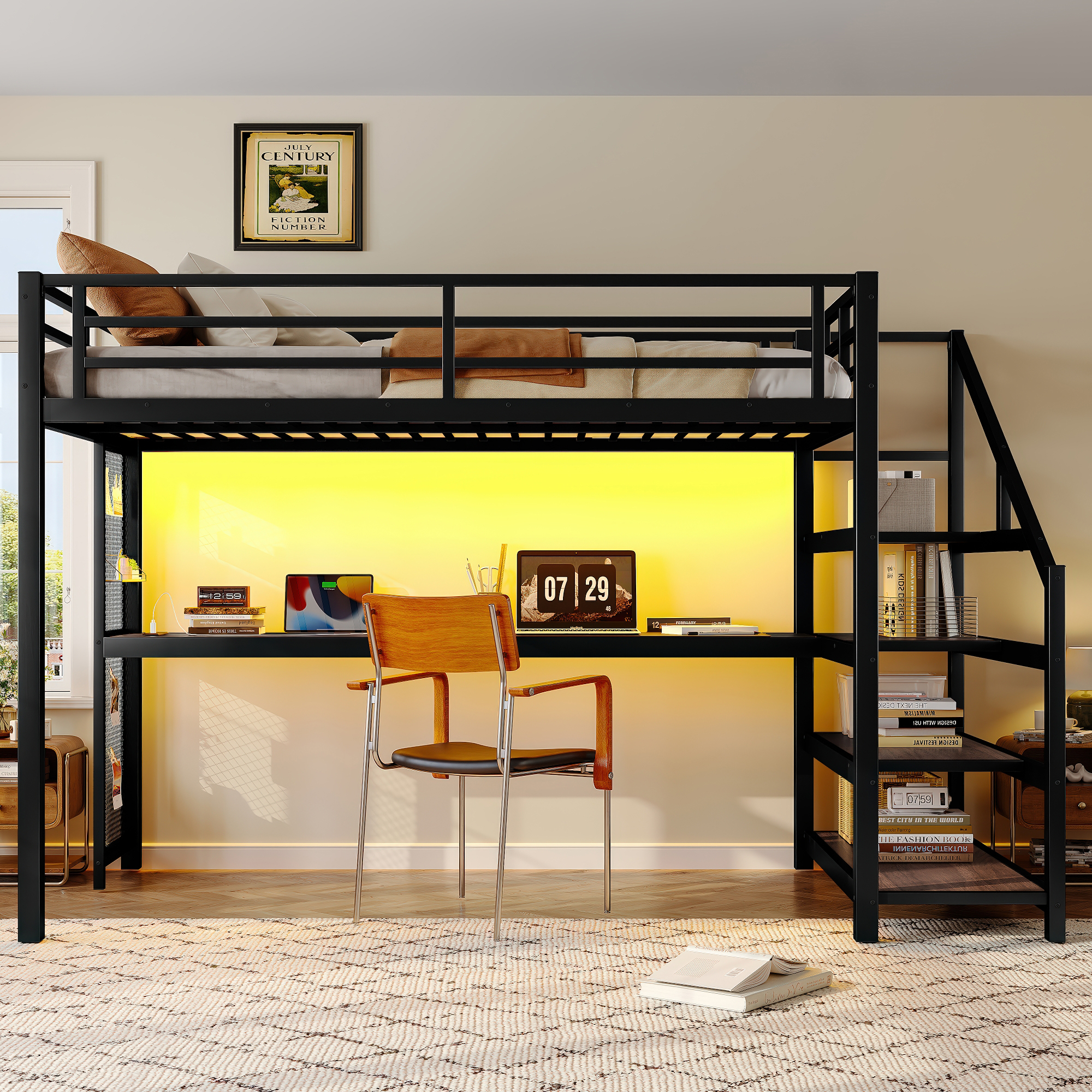 Mintazer Twin XL Loft Bed with Desk & Storage Stairs, Metal Bed Frame with LED Lights & USB Ports for Bedroom Dorm, Black