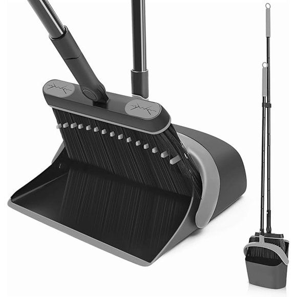 JEHONN Broom and Dust Pan, 54.3 inches Long Handle Swivel Brush, Upright Foldable Dustpan with Comb Teeth for Home Kitchen Lobby Indoor Floor Cleaning (Black & Gray)
