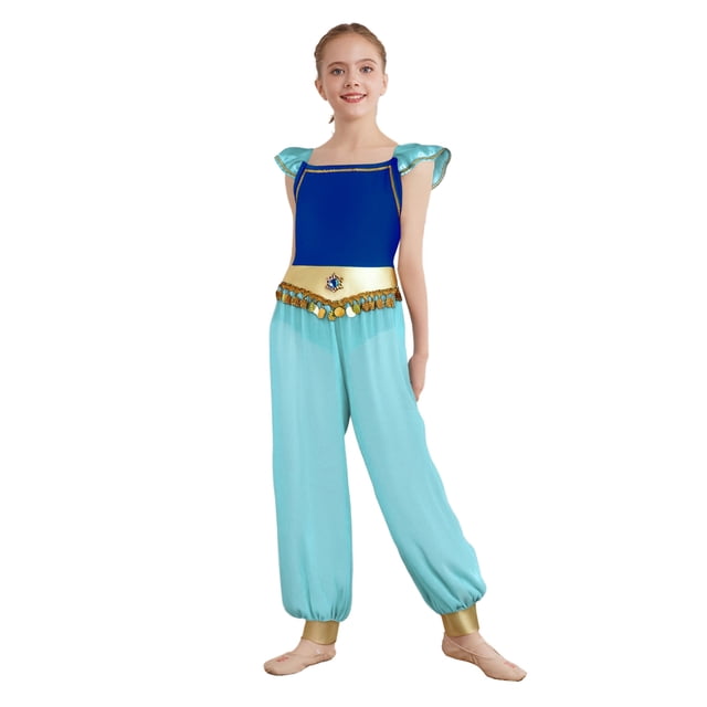 Sxiwei Arabian Princess Jumpsuits For Girls Rhinestone Patchwork Flying Sleeve Leotard Chiffon Overalls Blue 10