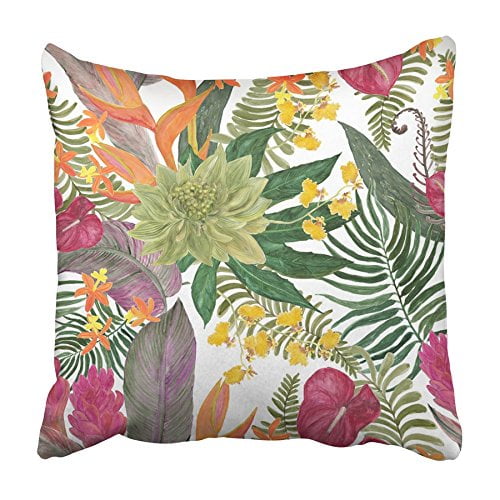 BSDHOME Watercolor Tropical with Exotic Flowers Bird of Paradise Orchidea Palm Pillowcase Cushion Cover 16x16 inch