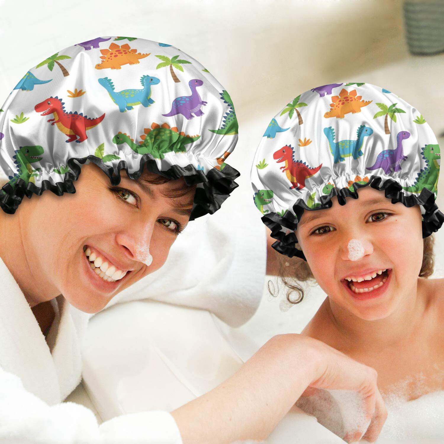 Shower Caps,White Dinosaurs Colorful Species Palms Pattern Waterproof Shower Cap for Women 4 Pieces,Double Reusable Hair Cover for Shower PEVA Elastic Stretch Hem