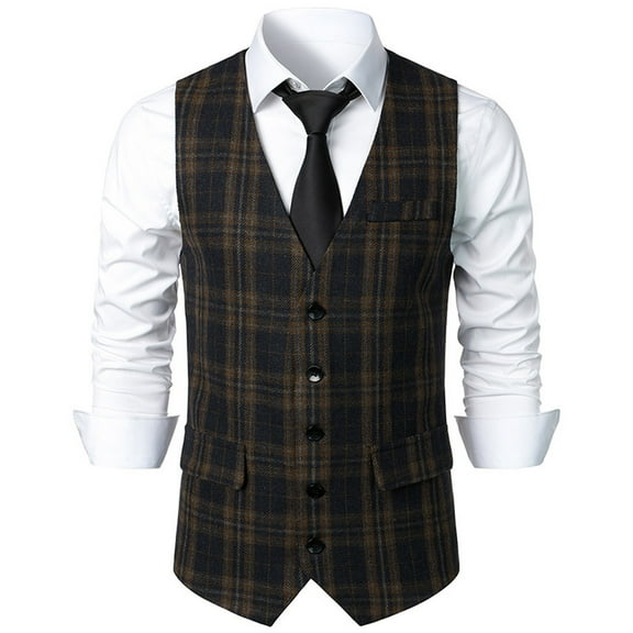 TMOYZQ Mens Vintage Plaid Wool Tweed Suit Vest Business Casual V-Neck Sleeveless Slim Dress Waistcoat Tuxedo Vests with Pockets for Wedding Formal Prom