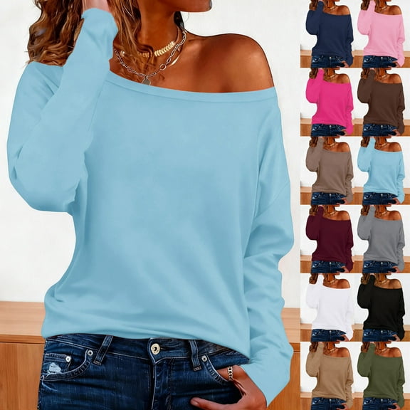 ShiShine Womens Off The Shoulder Tops Oversized Tshirts Long Sleeve 2025 Casual Basic Tees