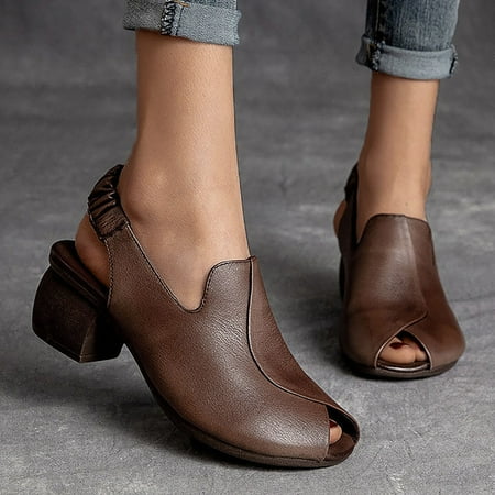 

YTJX Fashion Spring And Summer Retro Medium Heel WomenW Sandals Thick Heel Fish Mouth Casual Style