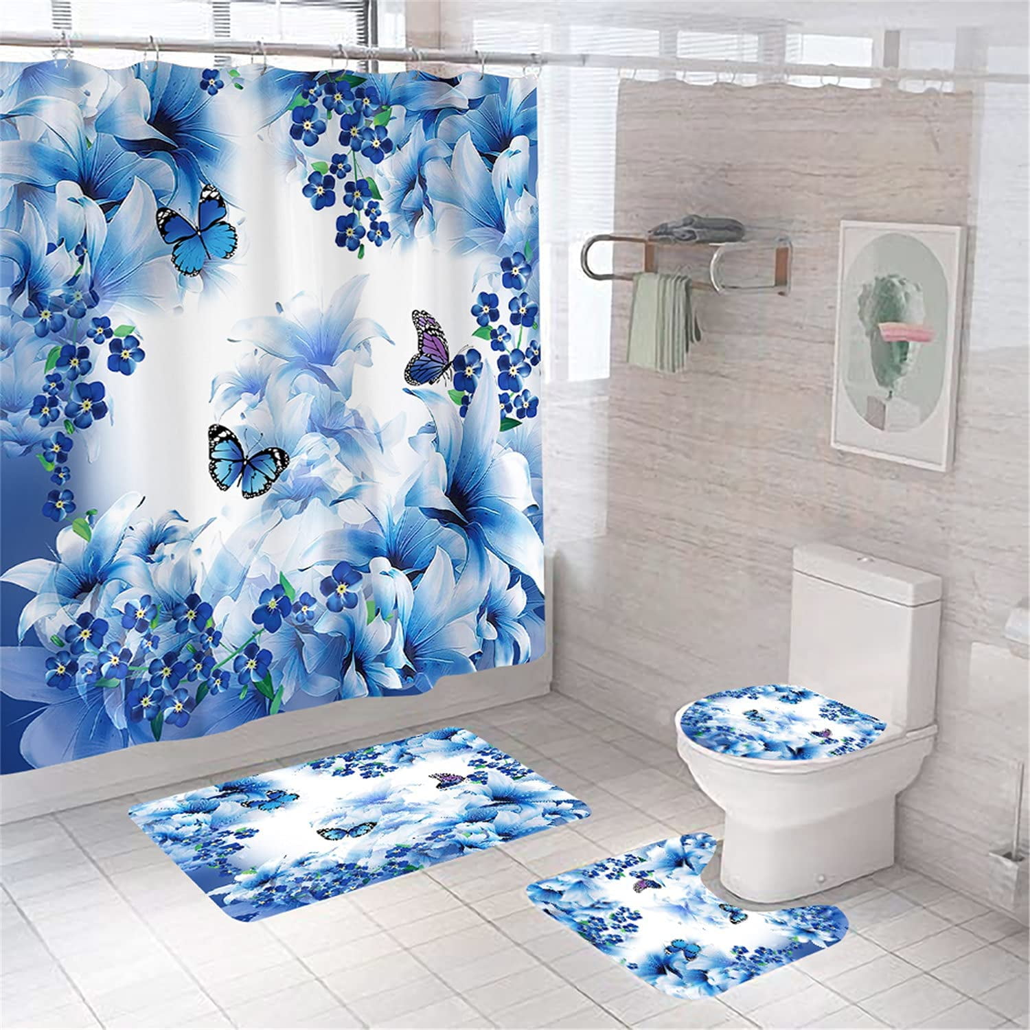 White & Black Flowers Butterfly Waterproof Fabric Bathroom Shower Curtain Set 