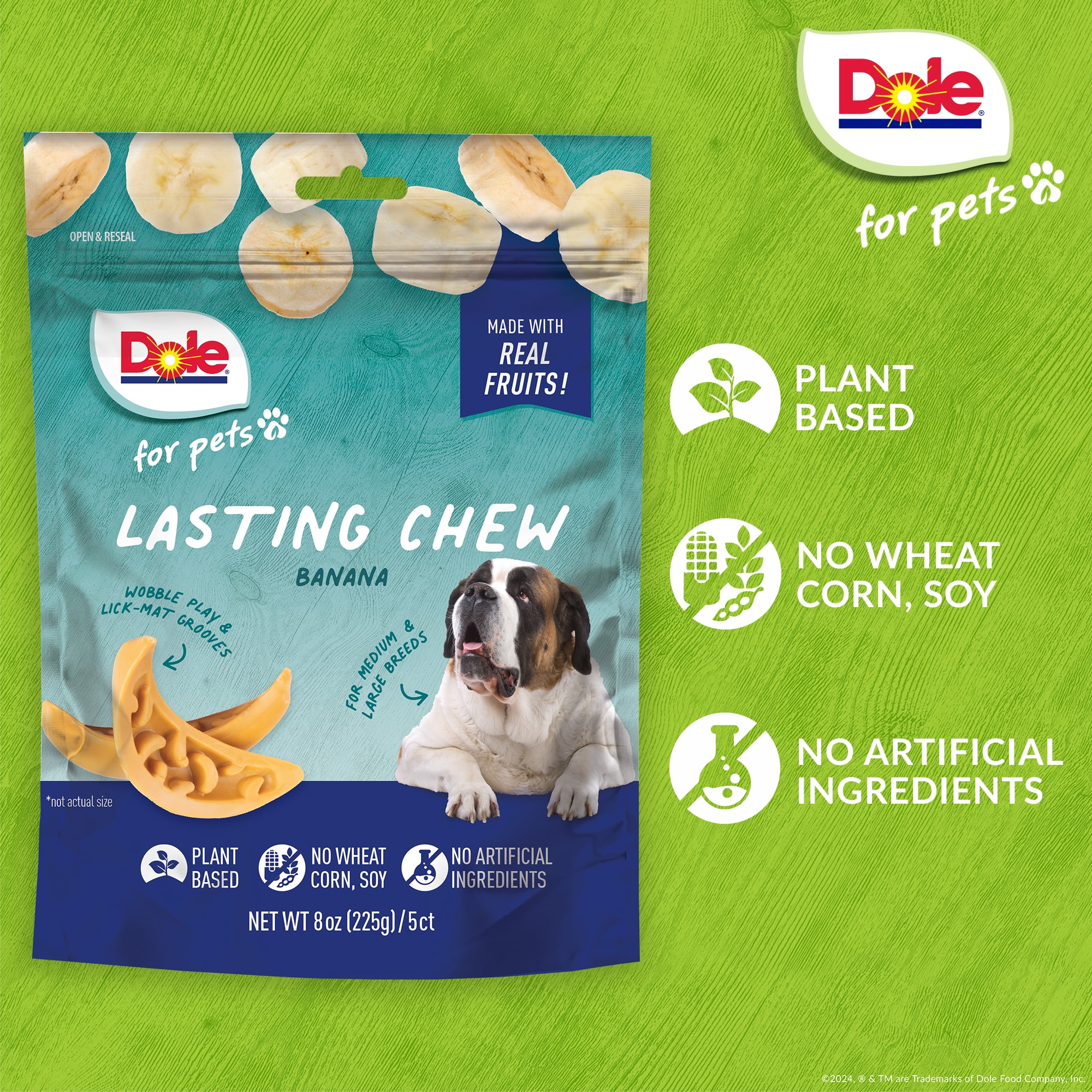 Dole Freshly Fetched Lasting Chew Treats for Dogs, Banana Flavor, Contains No Wheat, Corn or Soy, 8 oz - 5ct