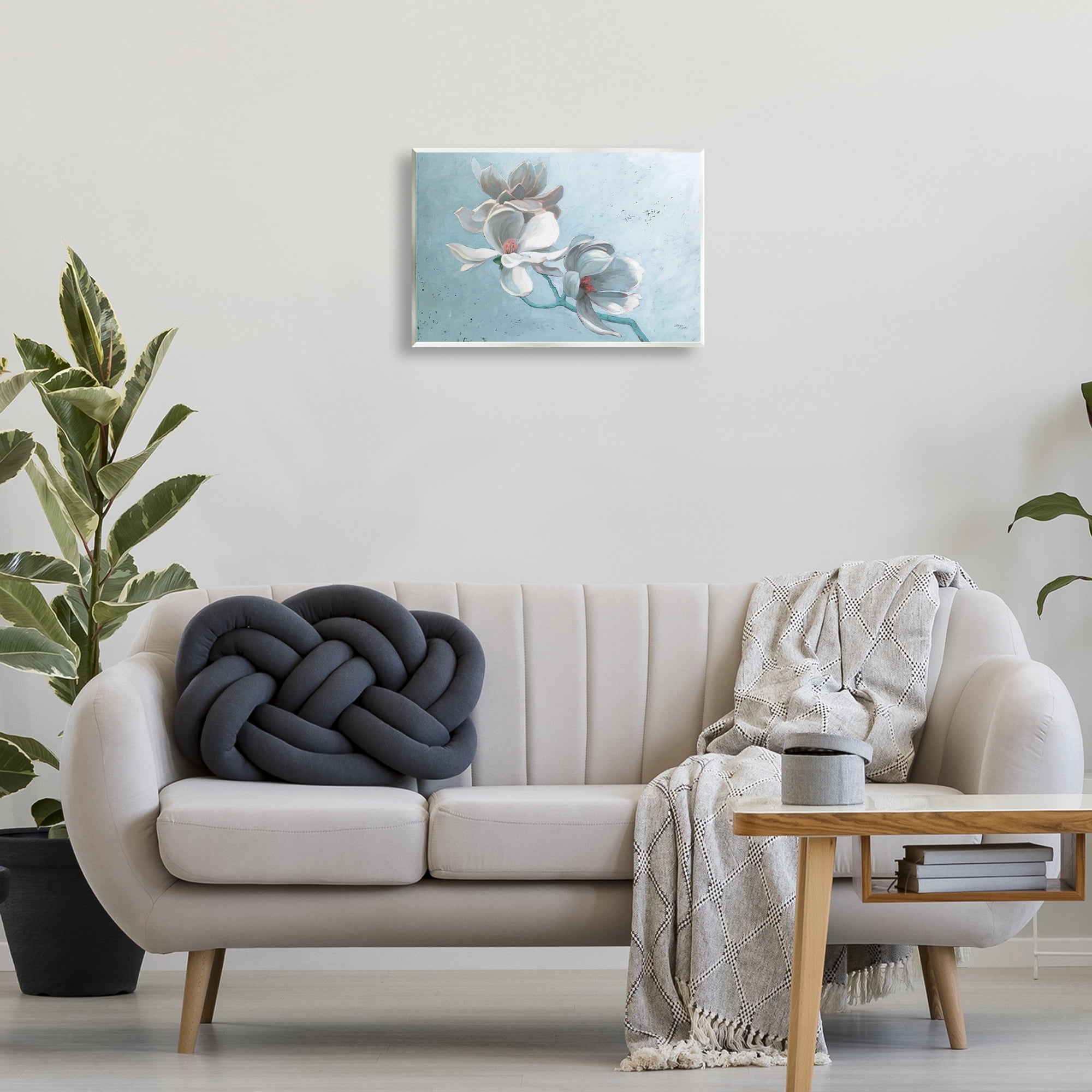 Stupell Industries Magnolia Branch on Blue Botanical & Floral Painting Unframed Art Print Wall Art, 19 x 13