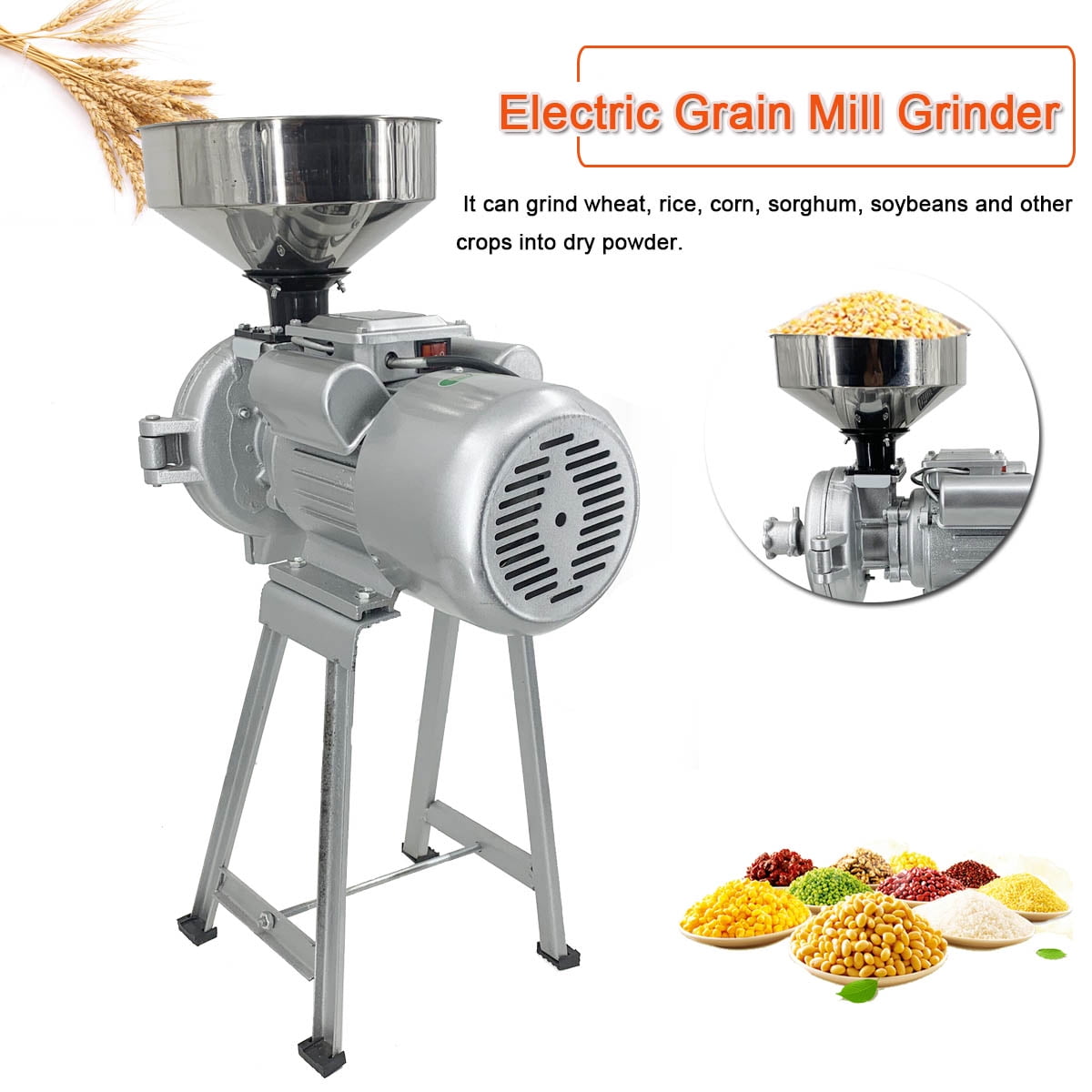 220V 1500W Grain Mills Electric Grain Mill Grinder with Funnel Home Mill Grinder Electric Grain Grinder Commercial Electric Feed Mill Dry Cereals Grinder Corn Grain Coffee Wheat Feed Machine 