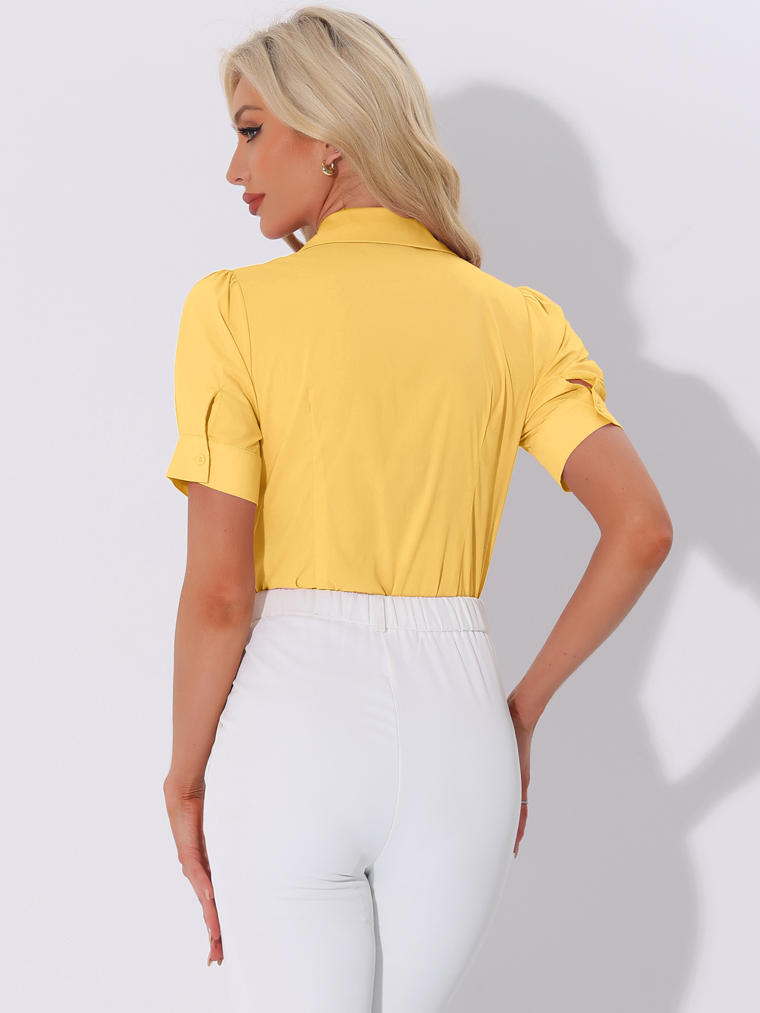 DARING DIVA Office Blouse Button Down Short Sleeve Bodysuit XL Yellow